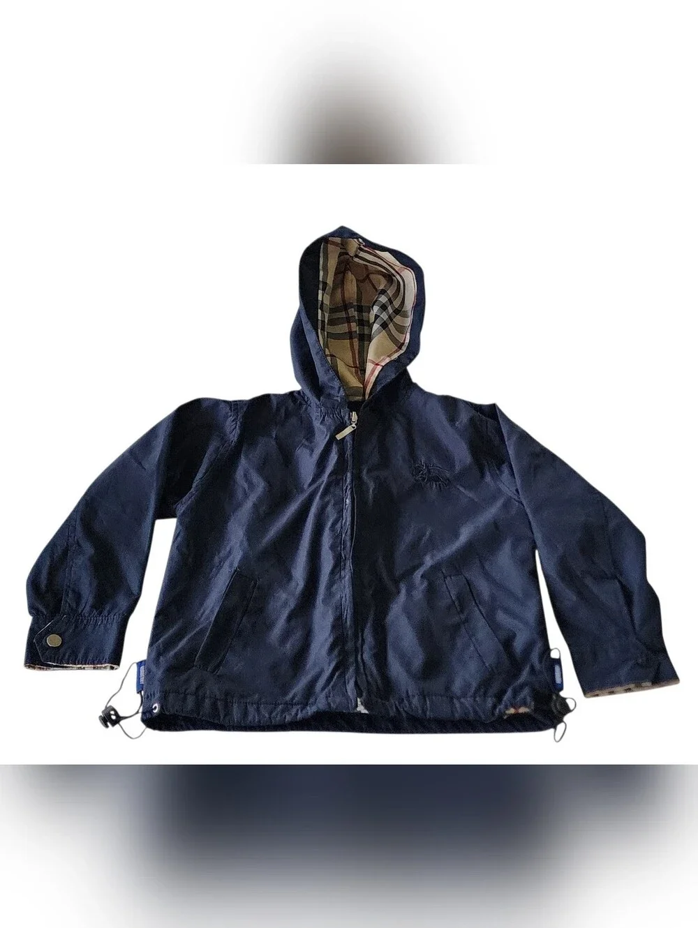 Navy Hooded Raincoat with Beige Check Hood Lining